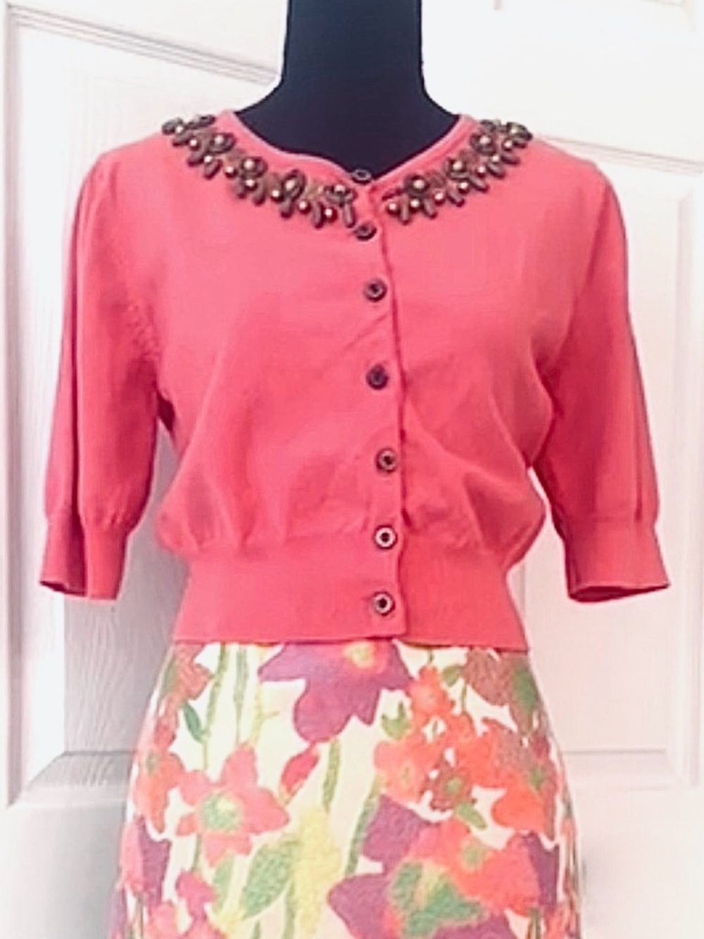 RUBY RD ~ Coral Pink 3/4 Sleeves Embellished Cropped Cardigan